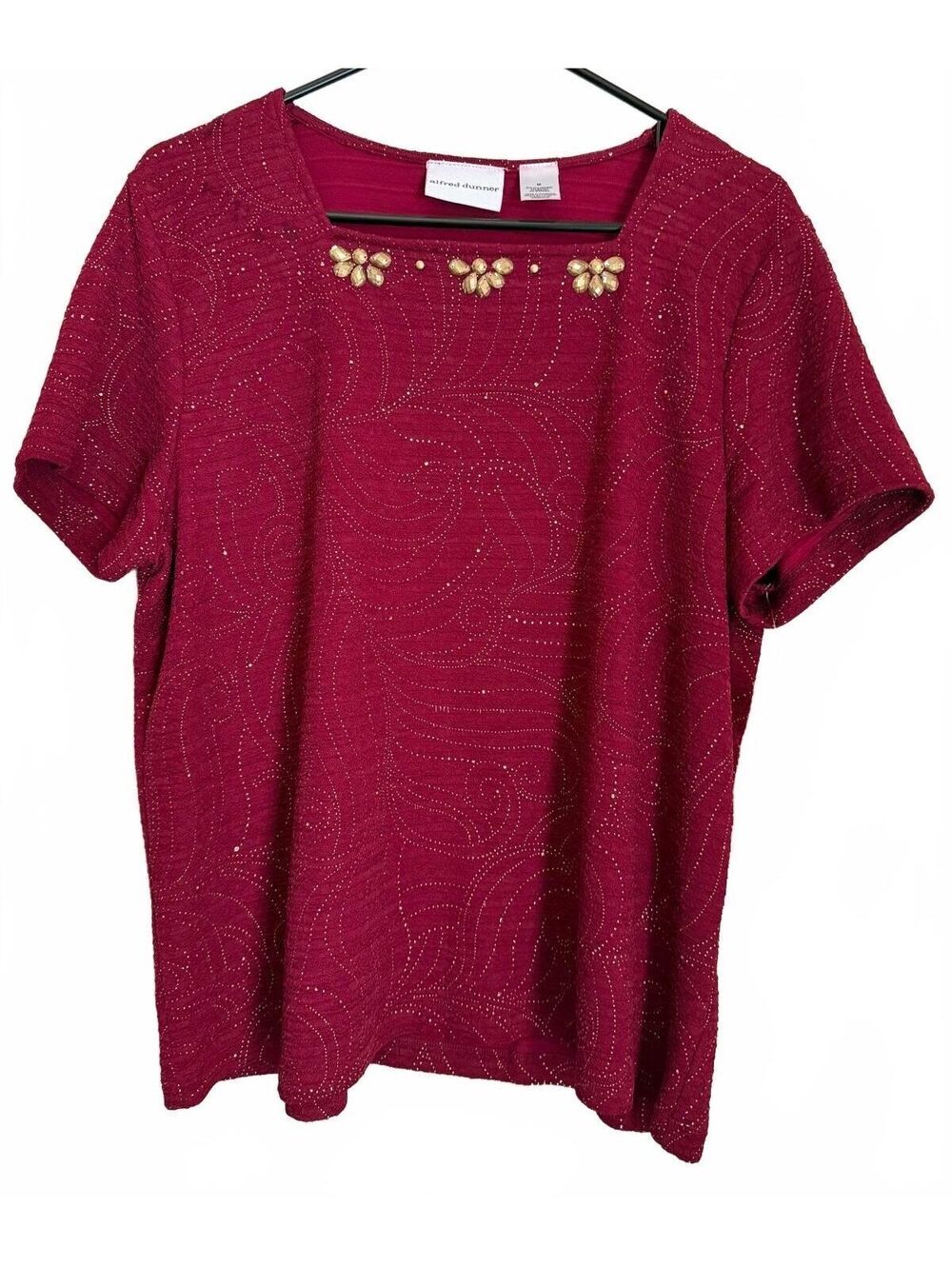 Alfred Dunner Women's New Blouse Size Medium Merlot Red Wine Gold Retro Floral